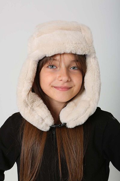 REMSA Beige Color Children's Plush Beret Hat - with Snap Fasteners and Fur, Rkş-Ç-03