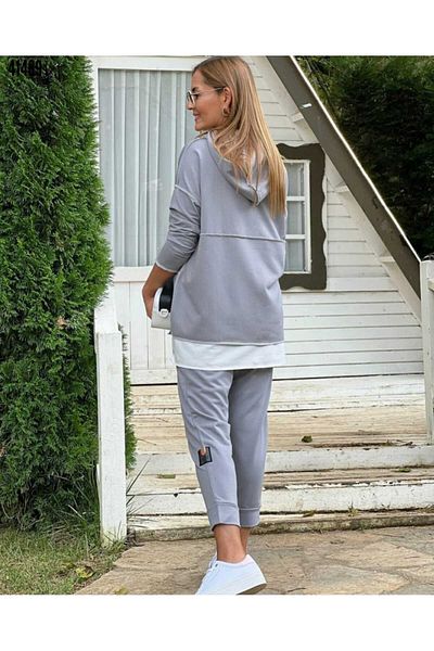 Trendusfashion Gray Women's Two-Piece Suit with Hood, Hem Details, Coat of Arms Embroidery and Backstitch