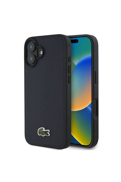 Lacoste iPhone 16 Plus Kılıf Lacoste  Lisanslı PU Pike Desenli İkonik Timsah Dokuma Logolu Lacivert