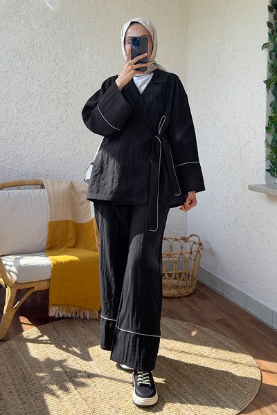 Salih Çelebi 2173 Kimono Set with Piping Detail - Black