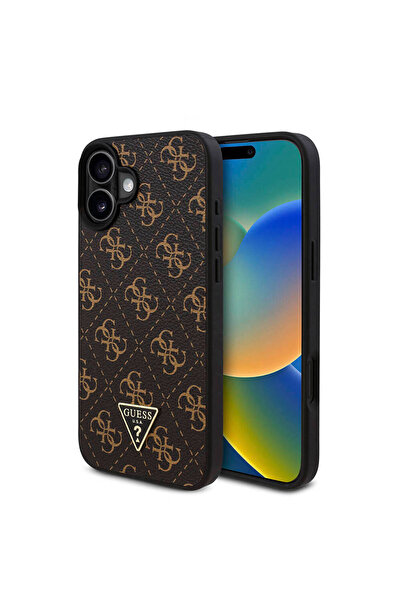 Guess iPhone 16 Uyumlu Kılıf Guess  Lisanslı PU Deri 4G Desenli Üçgen Logolu Kapak Siyah