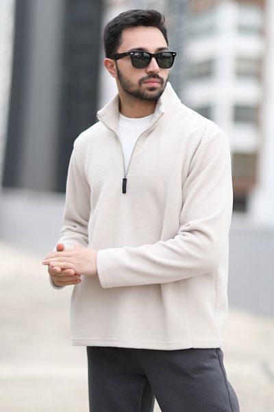 JB John Borners Men's Winter Fleece Sweatshirt Beige Half Zipper Stand Collar Throat - 6053
