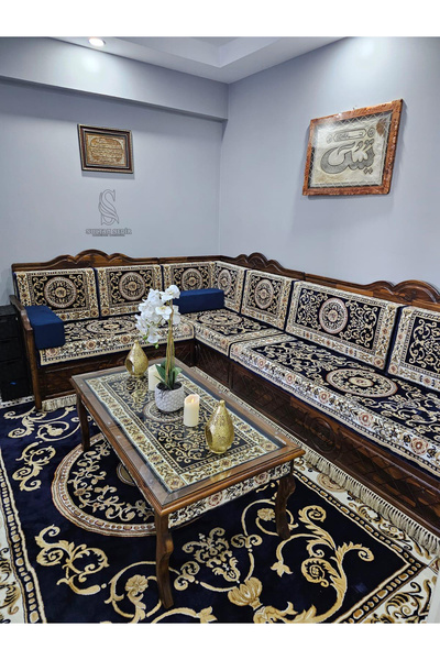 Sultan Sedir Hanzade Lacivert Şark Köşesi - 200+310 cm 1 Sehpa 1 Halı 3 Kolçak