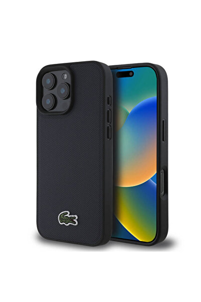 Lacoste iPhone 16 Pro Max Kılıf Lacoste  Lisanslı PU Pike Desen İkonik Timsah Dokuma Logolu Lacivert