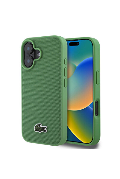 Lacoste iPhone 16 Plus Kılıf Lacoste  Lisanslı PU Pike Desenli İkonik Timsah Dokuma Logolu Yeşil