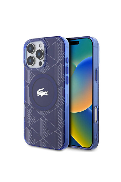 Lacoste iPhone 16 Pro Kılıf Lacoste Lisanslı Magsafe Özellik IML Baskı Timsah Logolu Monogram Lacivert
