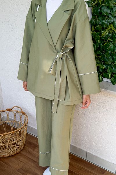 Salih Çelebi 2173 Kimono Set with Piping Detail - Khaki