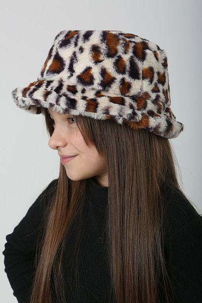 REMSA Ecru Leopard Patterned Children's Plush Bucket Hat - Rkş-Ç-01