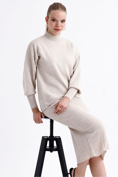 MD trend Women's Half Turtleneck Asymmetrical Sweater and Strappy Ribbed Dress Double Knitwear Set