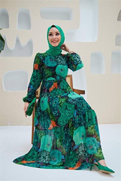 Dipmoda rochie din sifon hijab cu centura verde pentru femei SMS025