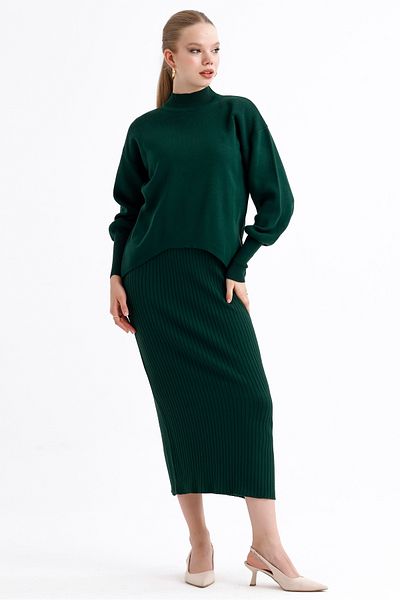 MD trend Women's Half Turtleneck Asymmetrical Sweater and Ribbed Dress Double Knitwear Set