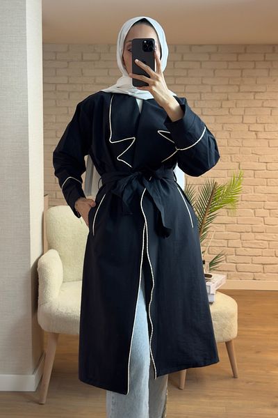 Salih Çelebi 2157 Belted Trench Coat with Piping Detail - Black