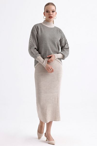 MD trend Women's Half Turtleneck Striped Asymmetrical Sweater and Ribbed Dress Double Knitwear Set