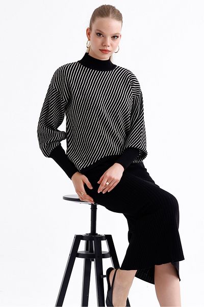 MD trend Women's Half Turtleneck Striped Asymmetrical Sweater and Ribbed Dress Double Knitwear Set