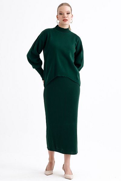 MD trend Women's Half Turtleneck Asymmetrical Sweater and Ribbed Dress Double Knitwear Set