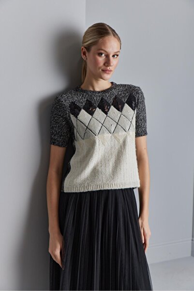 JOIN US Pul İşlemeli Baklava Desenli Kısa Kollu Triko Kazak