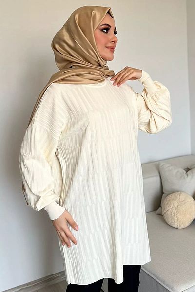 julude Ecru Self Patterned Crew Neck Hijab Knitwear Tunik