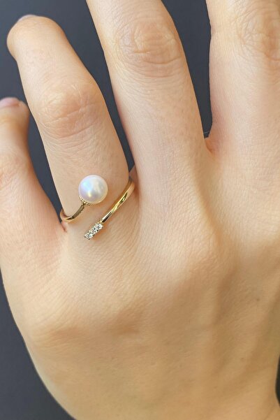 Birinci1926 14 Ayar Altın Doğal Incili Sarmal Zirkon Taşlı Yüzük