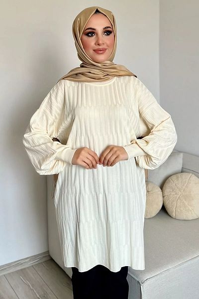 julude Ecru Self Patterned Crew Neck Hijab Knitwear Tunik