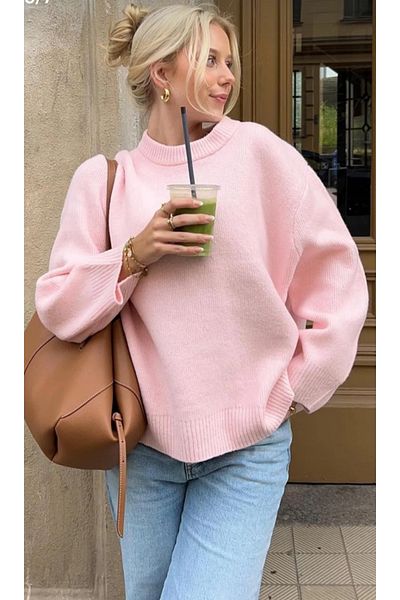 Venüs Pink Crew Neck Oversize Knitwear Sweater