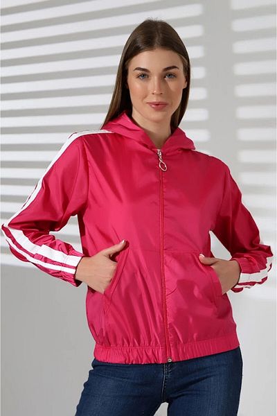 hazelin Palton alb fucsia cu glugă - dungi, buzunare și fermoar HZL24W-DSB12401