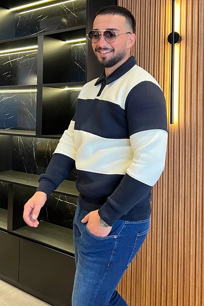 MİSHAR İTALİA Мъжки суитшърт с три нишки, тъмносин, кремав, цвят на поло яка