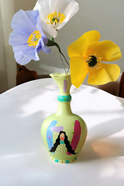 ARİENEL Πράσινο Κεραμικό Βάζο - 20x11 Χειροποίητο, Πολύχρωμος Κήπος, Μοναδικό Καλλιτεχνικό, Πολύχρωμο