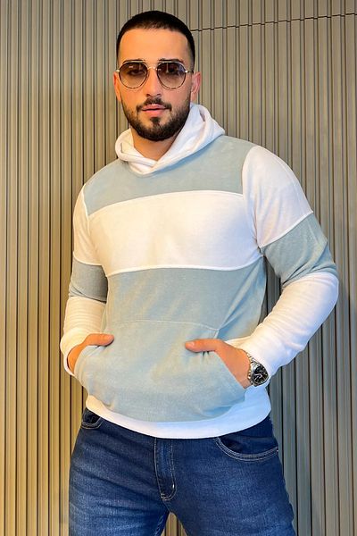 MİSHAR İTALİA Ανδρικό φούτερ WhiteMint με κουκούλα με κουκούλα με γαρνιρισμένο φλις