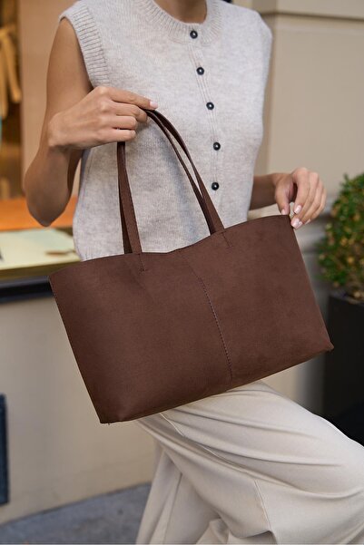 Madamra Brown Suede Women's Minimal Tote Hand and Shoulder Bag