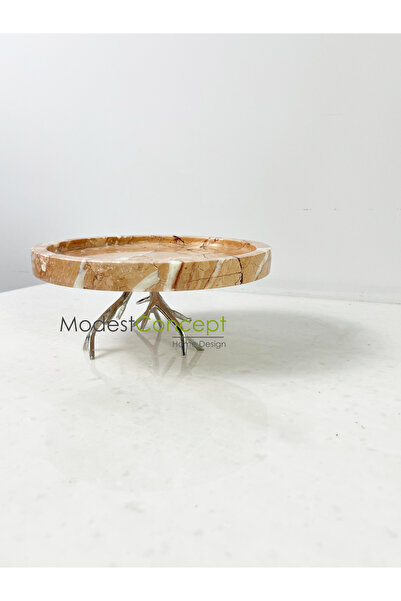 Modestmar Doğal Pembe Mermer Yuvarlak Tepsi 20cm Gümüş Ayaklı Pink Rosa