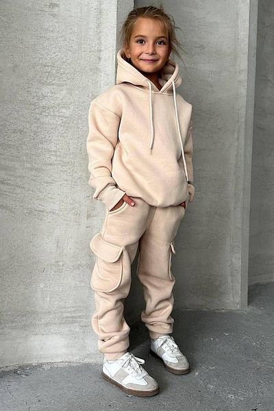 Riccotarz Girl's Raised Rope Detailed Sweatshirt Beige Tracksuit Set with Cargo Pockets