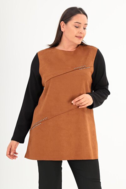 Metpoint Trend42Plus Large Size Front Suede Troc Printed Brown Tunic