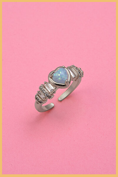 AURRARİ Kadın Gümüş Kaplama Beyaz Opal Kalp & Zirkon Baget Taşlı Ayarlanabili...