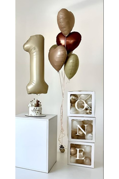 Çemrek Süs Parti Bej 1 yaş Folyo Balon Kalpli Folyo Balon ve ONE balon Kutusu 1 Yaş Parti Seti 20 Parça