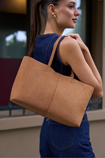 Madamra Tan Suede Women's Minimal Tote Hand and Shoulder Bag