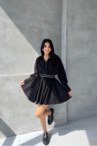 Seda Yalçın Atelier Black Elastic Waist Zippered Long Sleeve Dress