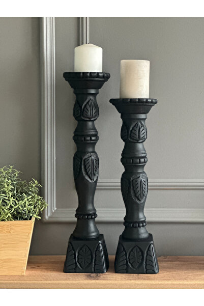 FOR POLYESTER Küçük Dokunuşlar Siyah 2’li Şamdan Mumluk Takım Biblo/dekor