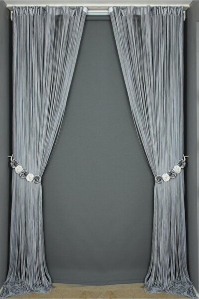AKÇA TEKSTİL Plain Rope Curtain 180 cm Width 280 cm Length Gray Double Color Ready Rope Curtain