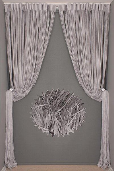 AKÇA TEKSTİL Plain Rope Curtain 180 cm Width 280 cm Length Gray Color Ready Rope Curtain