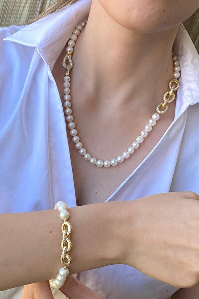 Birinci1926 925 Ayar Gümüş Zincir Detaylı Doğal Inci Kolye Bileklik Ikili Set