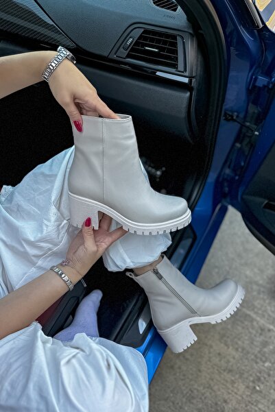SHOEBELLAS Luke Bej Cilt Fermuar Detaylı Kadın Bot