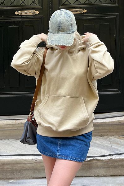 Madmext Φούτερ με μπεζ κουκούλα Oversize Pocket MG2207