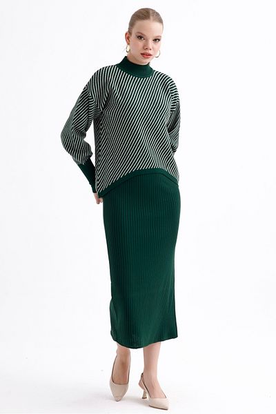 MD trend Women's Half Turtleneck Striped Asymmetrical Sweater and Ribbed Dress Double Knitwear Set