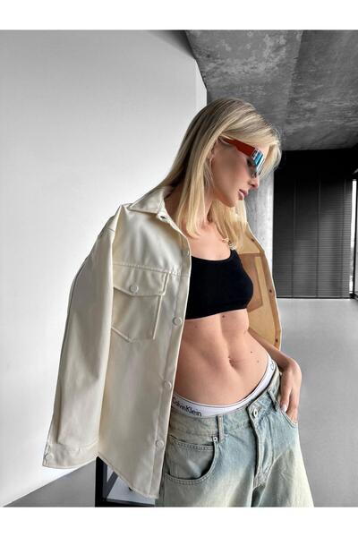 VEAVEN Women's Ecru Oversize Straight Cut Leather Jacket