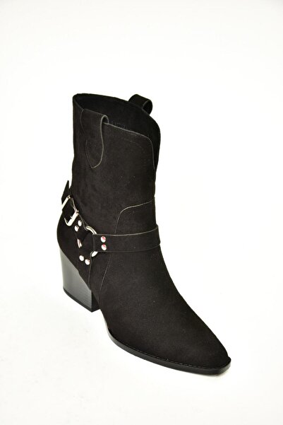 Fox Shoes T296094002 Siyah Süet Kovboy Model Kalın Tabanlı Kadın Bot