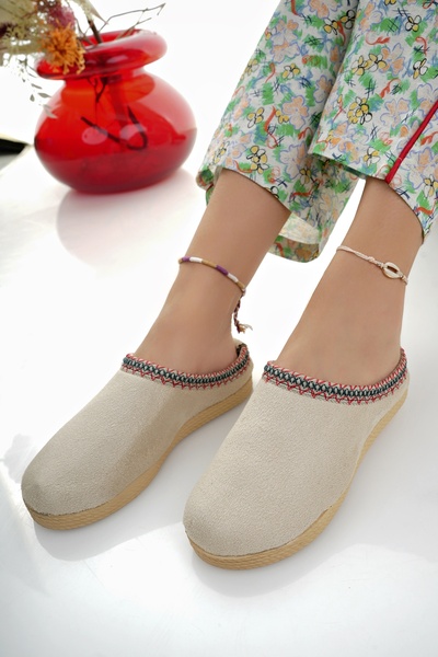 Modafırsat Γυναικείες παντόφλες μπεζ βελούδινη γούνα - Guest Dowry Bundle Νυφικές παντόφλες σπιτιού