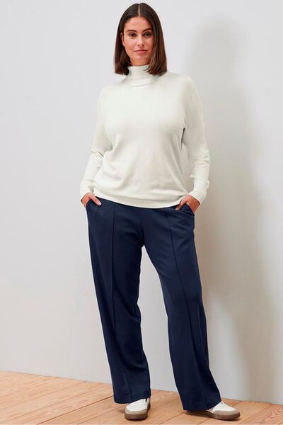 Tchibo Women Regular Fit Solid Wide Leg Pants, Navy