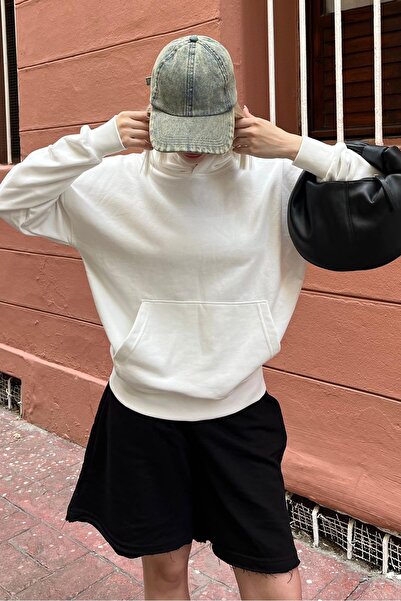 Madmext Ecru Hooded Oversize Pocket Sweatshirt Mg2207