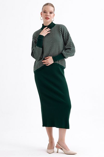 MD trend Women's Half Turtleneck Striped Asymmetrical Sweater and Ribbed Dress Double Knitwear Set
