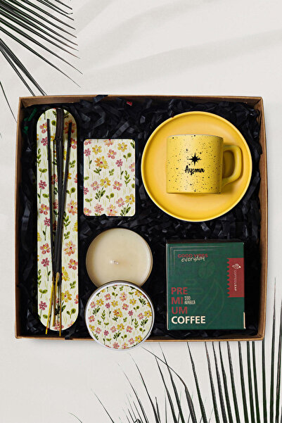 TrendHediye Kişiye Özel Sarı Fincan, Kahve, Metal Kokulu Mum, Tütsü Hediye Seti